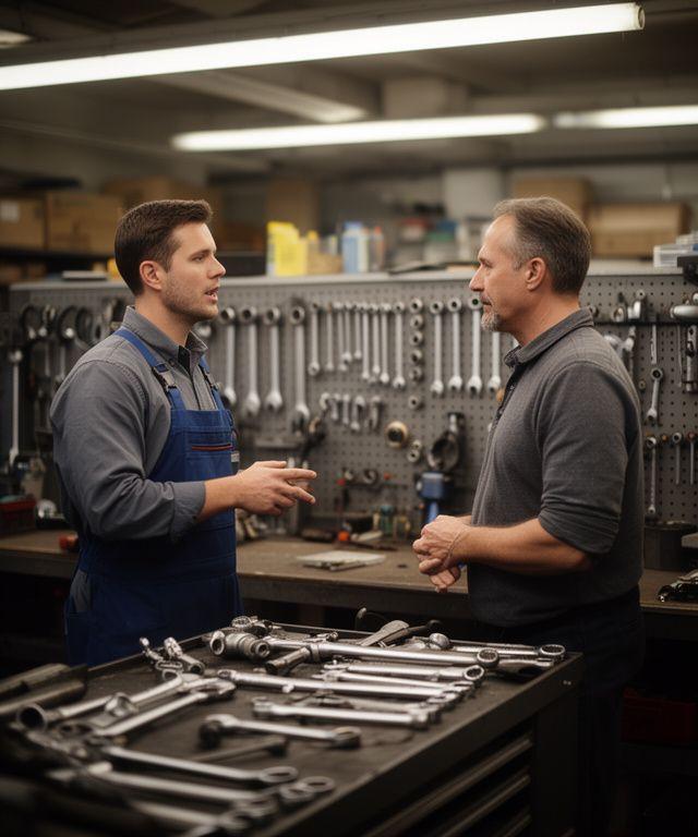 Independent repair shop workshop with tools on pegboards and a mechanic speaking with a customer