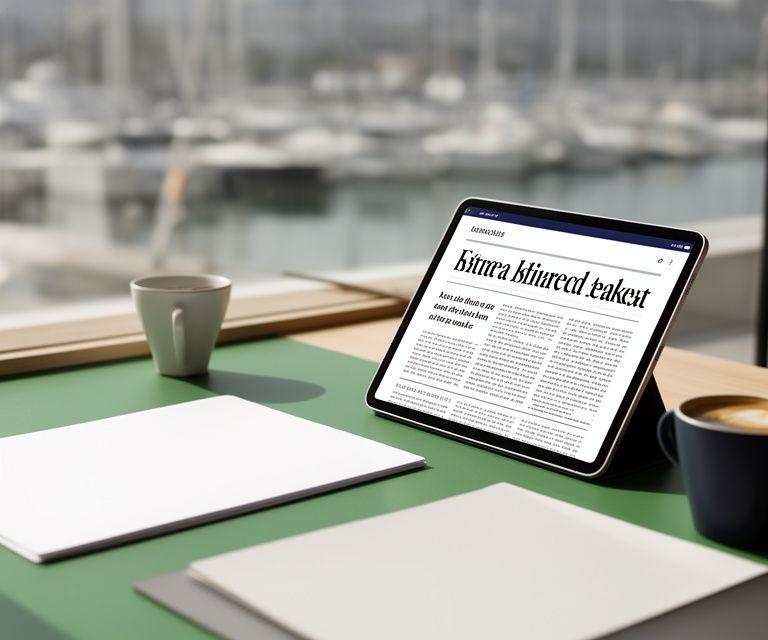 Open digital newspaper edition on a tablet beside a harbour desk with printed notes and a coffee cup