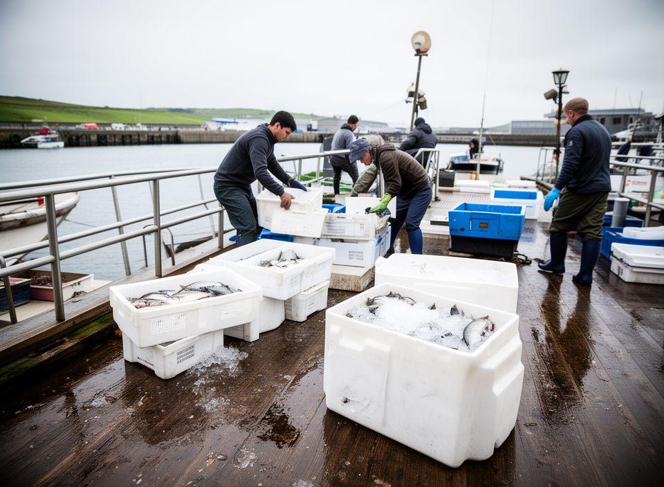 Fishers unloading crates of fresh catch beside a weathered quay with ice bins and wet decking