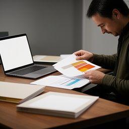 Investigative reporter comparing public records at a desk with highlighted documents and a laptop in a quiet office